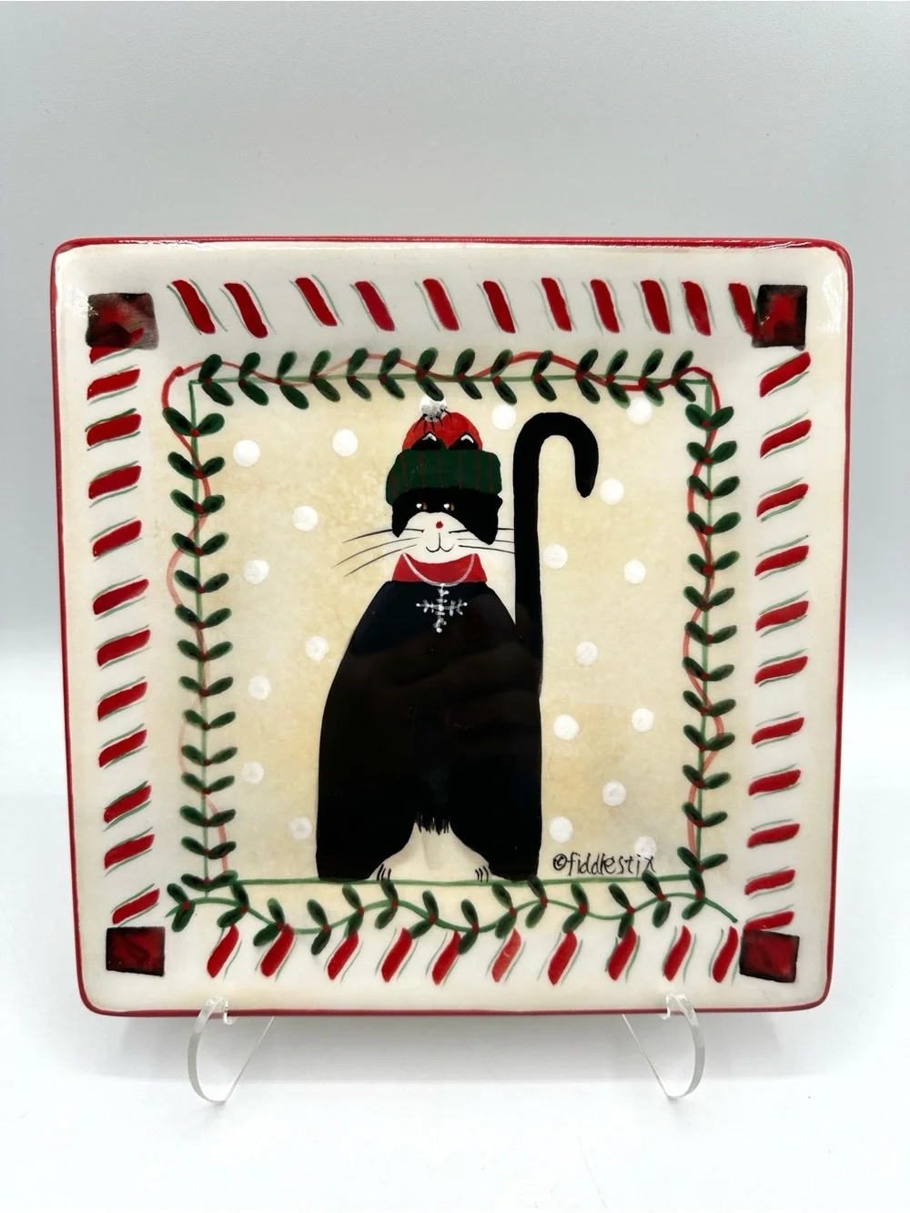 Oneida Christmas Candy Cane Cats. Dessert plates 8 x 8”
